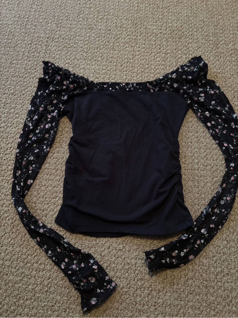 Free People Off-Shoulder Black Floral Lace Sleeve Women's Top